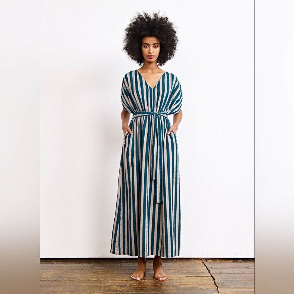 💚🤍 Ace & Jig 100% Cotton Striped Maxi Dress w/ Pockets, S *No Belt*